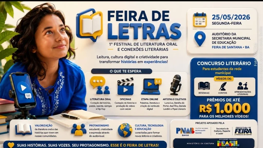 Feira de Letras em Feira de Santana incentiva leitura e cultura digital com concurso para estudantes