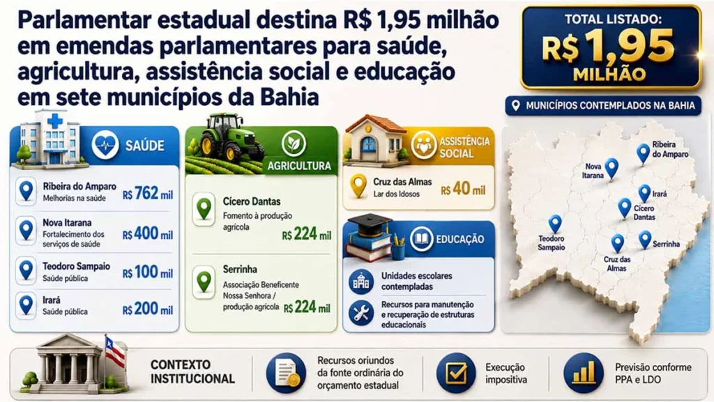 Deputado Estadual Destina R$ 1,95 Milhão para Saúde e Agricultura em Sete Municípios da Bahia