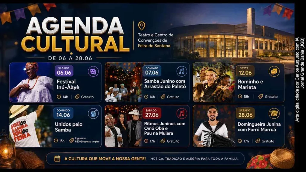 Agenda Cultural de Junho 2026 em Feira de Santana: Samba e Ritmos Juninos no Teatro Carlos Pitta Agenda Cultural de Junho 2026 em Feira de Santana: Samba e Ritmos Juninos no Teatro Carlos Pitta
