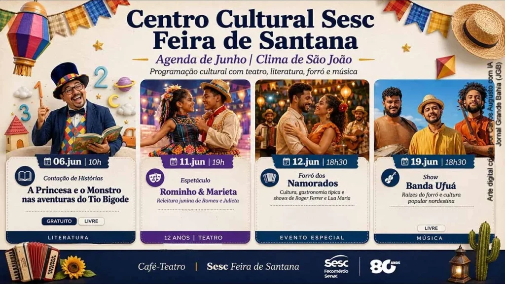 Agenda Cultural de Junho 2026 no Centro Cultural Sesc Feira de Santana: Forró, Teatro e Festa Junina Agenda Cultural de Junho 2026 no Centro Cultural Sesc Feira de Santana: Forró, Teatro e Festa Junina