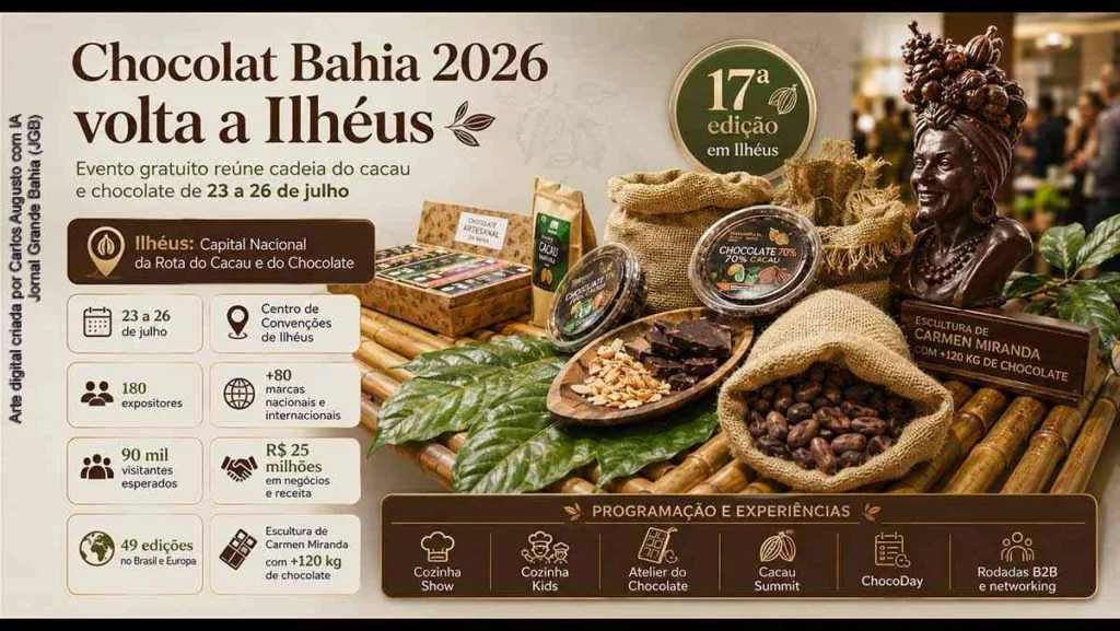 Chocolat Bahia 2026 em Ilhéus: 17ª edição com 180 expositores e expectativa de 90 mil visitantes